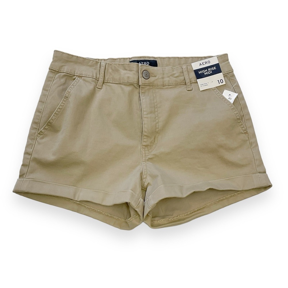 Aero Shorts Womens 10 Khaki Beige Chino Cuffed High Rise Midi NWT
